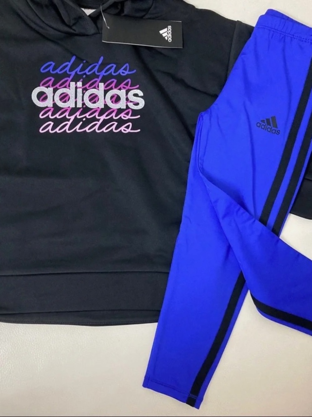 Adidas girl Printed Tricot Hoodie and legging set sparkly pink and purple 4040 - Picture 5 of 7